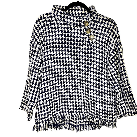 Zara Navy and Cream Houndstooth Button Neck Sweater Mock Neck Fringe Hem Top S‎ - Picture 2 of 8